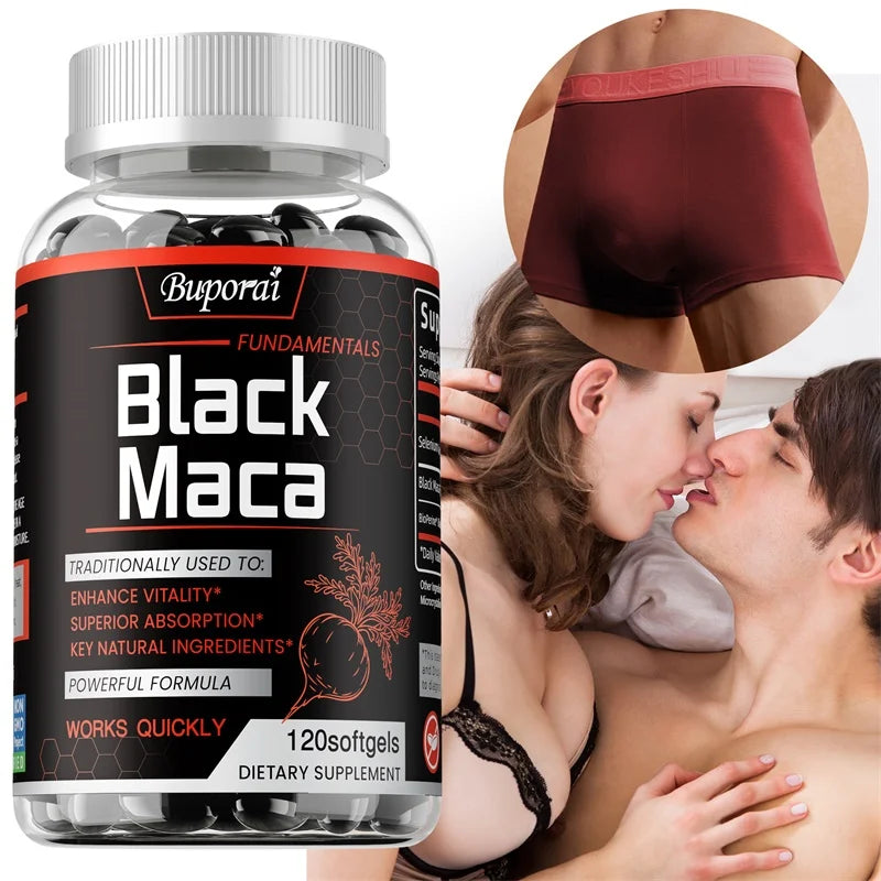 Black Maca supplement bottle from Showlu Fashion Store, promoting energy, endurance, muscle growth, and hormone balance.