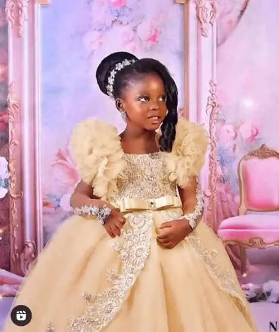 Peach pink lace appliqued baby girl birthday party gown with tulle skirt and floral details, by 1170uf-he.