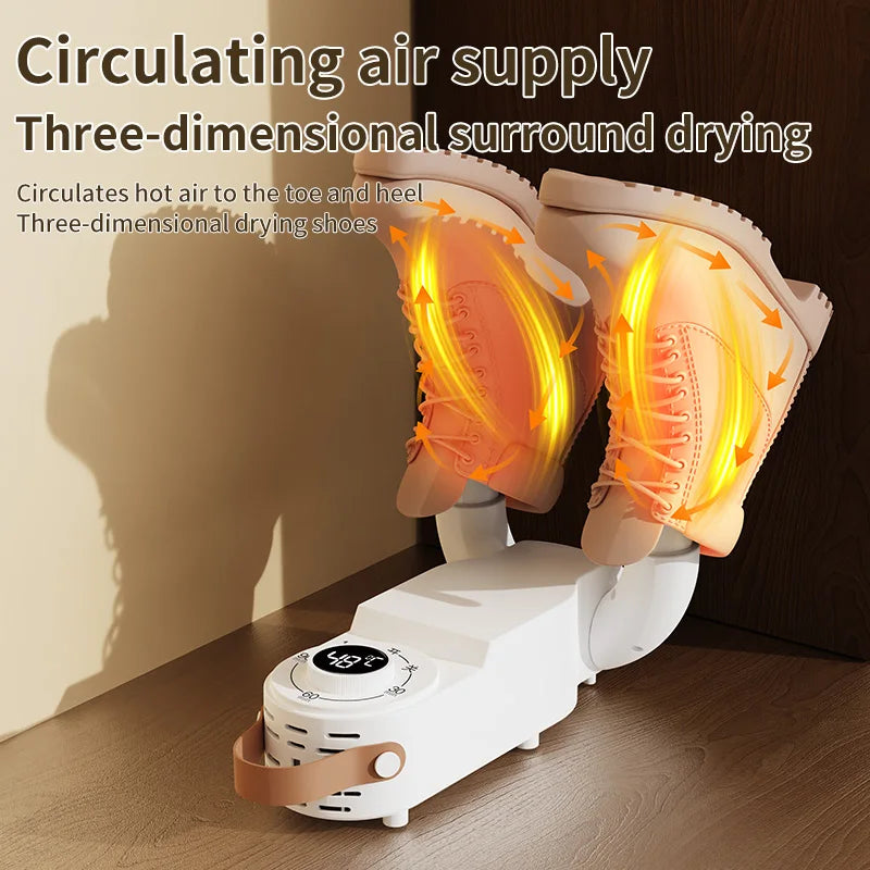 Showlu Smart Electric Shoe Dryer with 150W power, portable design, deodorizer function, and timer for quick shoe drying.