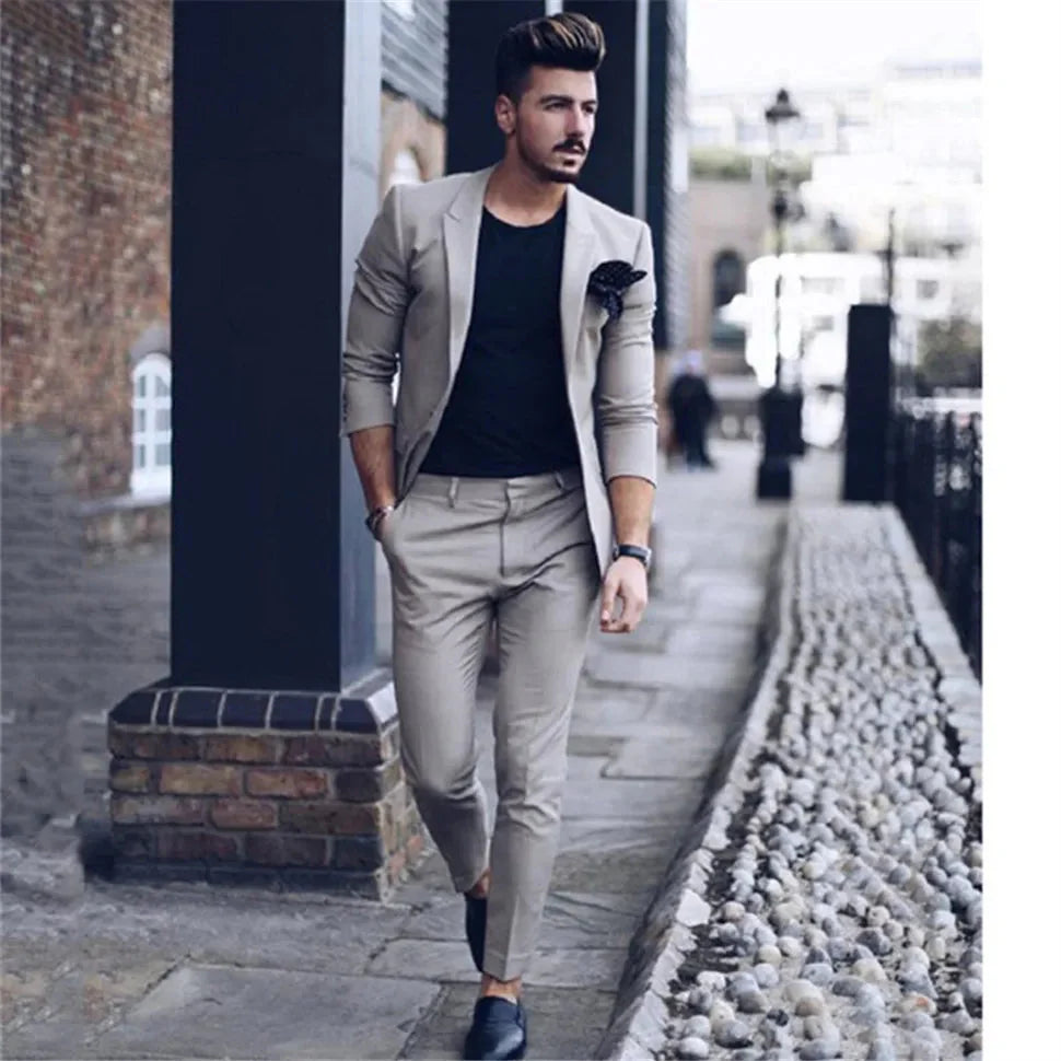 Beige Italian men's slim fit tuxedo suit with jacket and trousers, stylish groom attire by SHOWLU FASHION STORE.