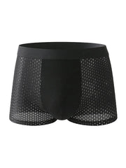 Black men's boxer shorts made of breathable ice silk mesh fabric.