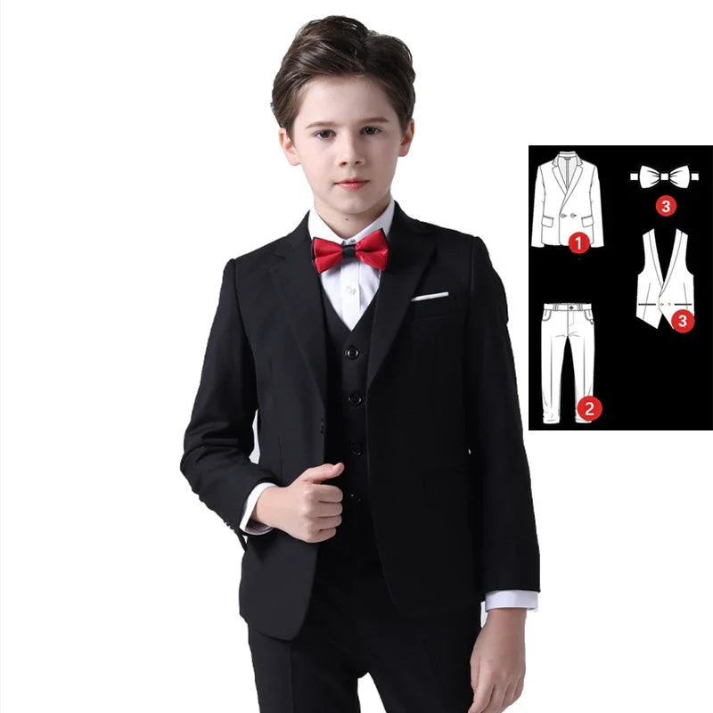 LUOBOBEIBEIC boys' 3-piece plaid formal suit with jacket, vest, and pants, perfect for kids' weddings and special occasions.