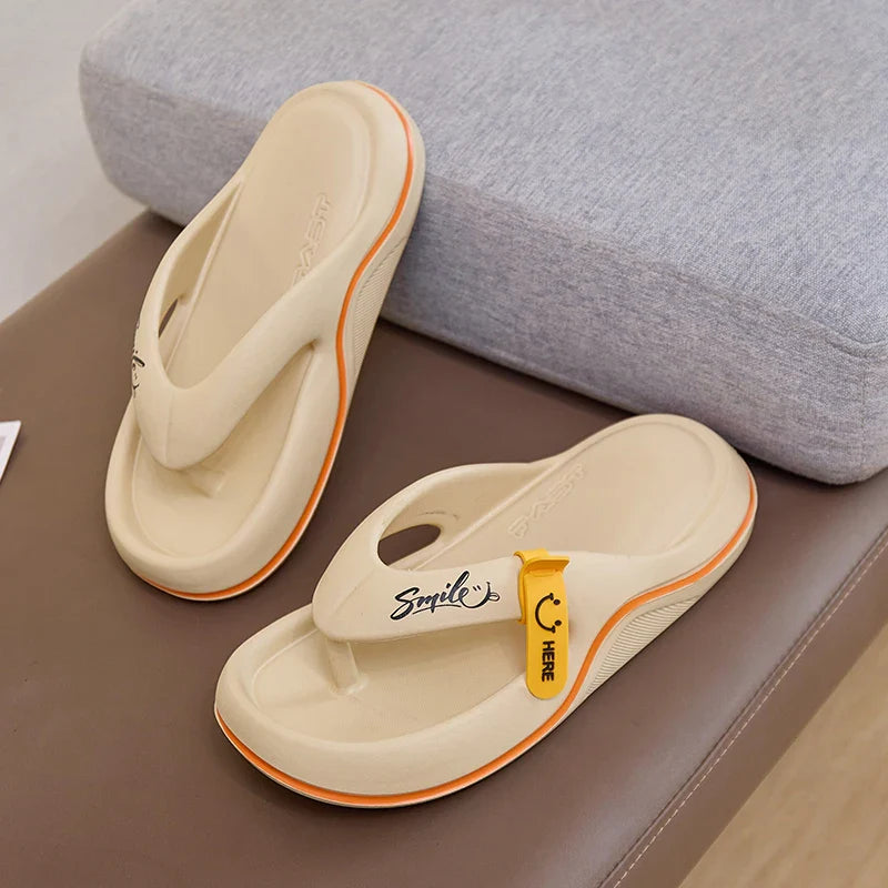 Unisex YUE&LINXI thick-soled flip flops with soft EVA platform, beach slippers, showing the comfortable thick sole and casual design