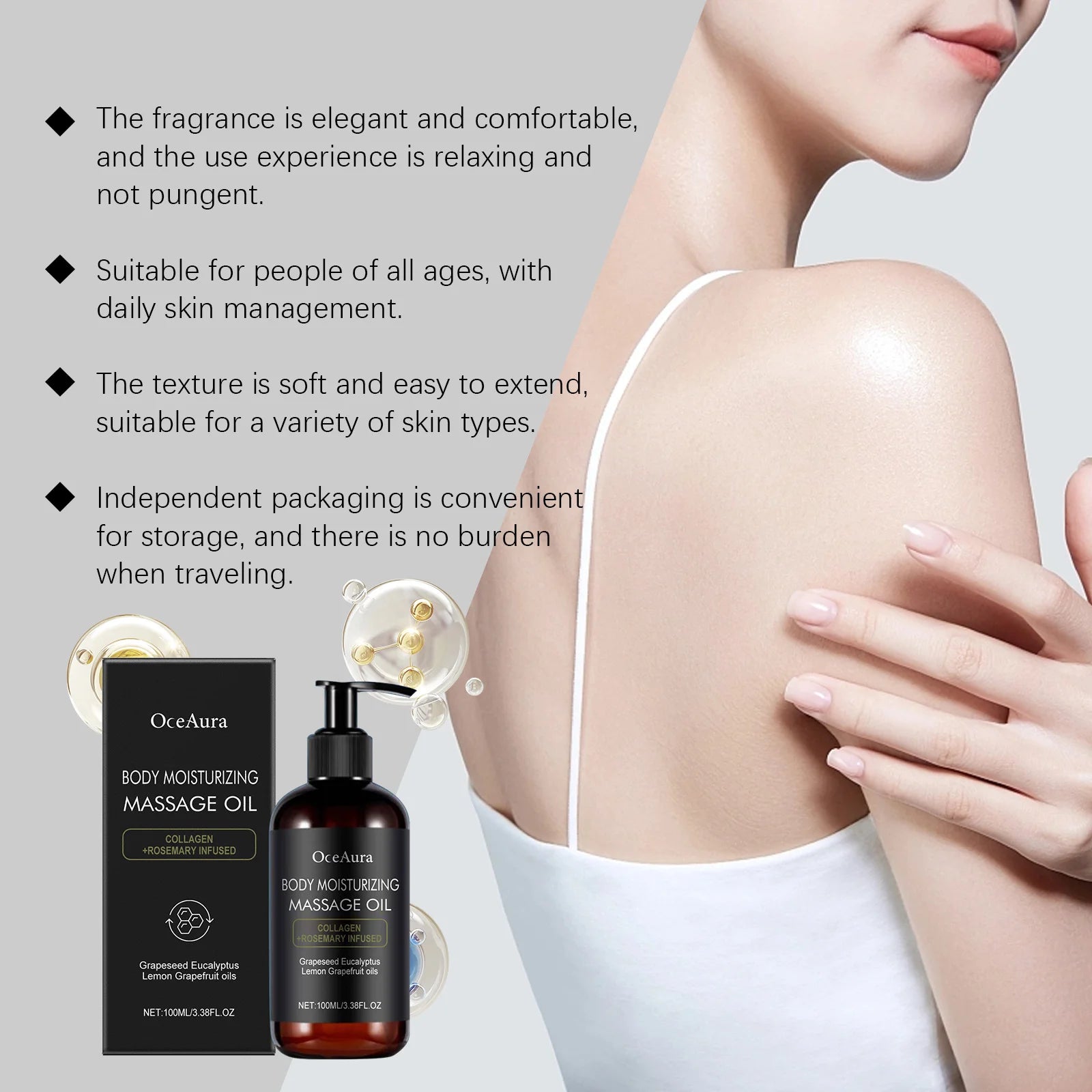 OceAura Body Massage Oil by Showlu Fashion Store with nourishing plant-based ingredients for skin tightening and hydration.
