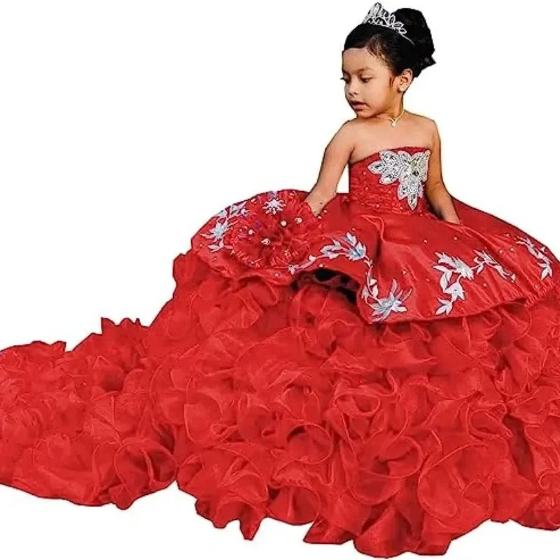 Elegant Flower Girl Dresses for Wedding Off Shoulders Appliques Layered Tail Kids Birthday First Communion Gowns Custom
