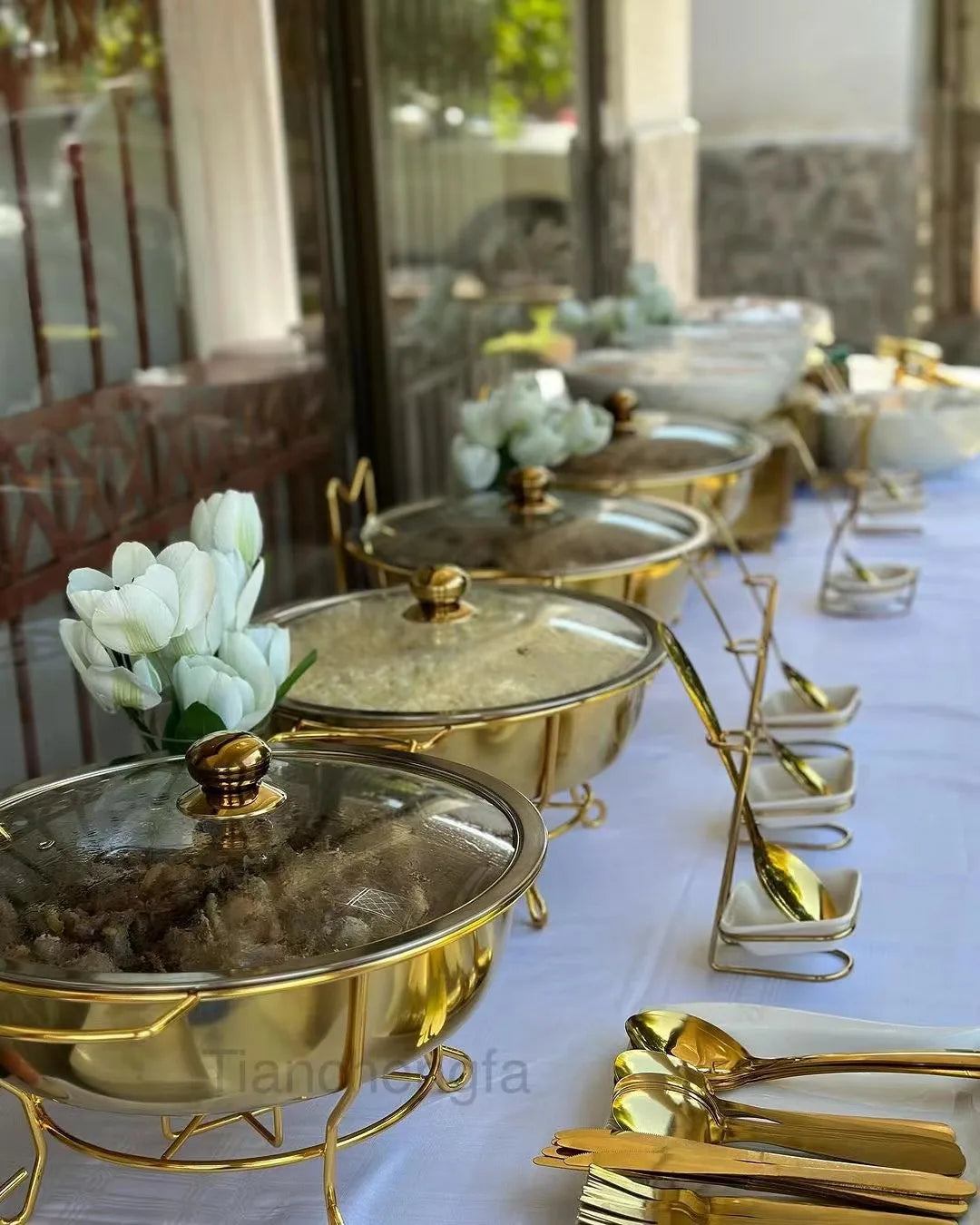 Gold round hanging chafing dish for catering and weddings, luxury buffet equipment with heating food warmer, by Showlu Fashion Store.