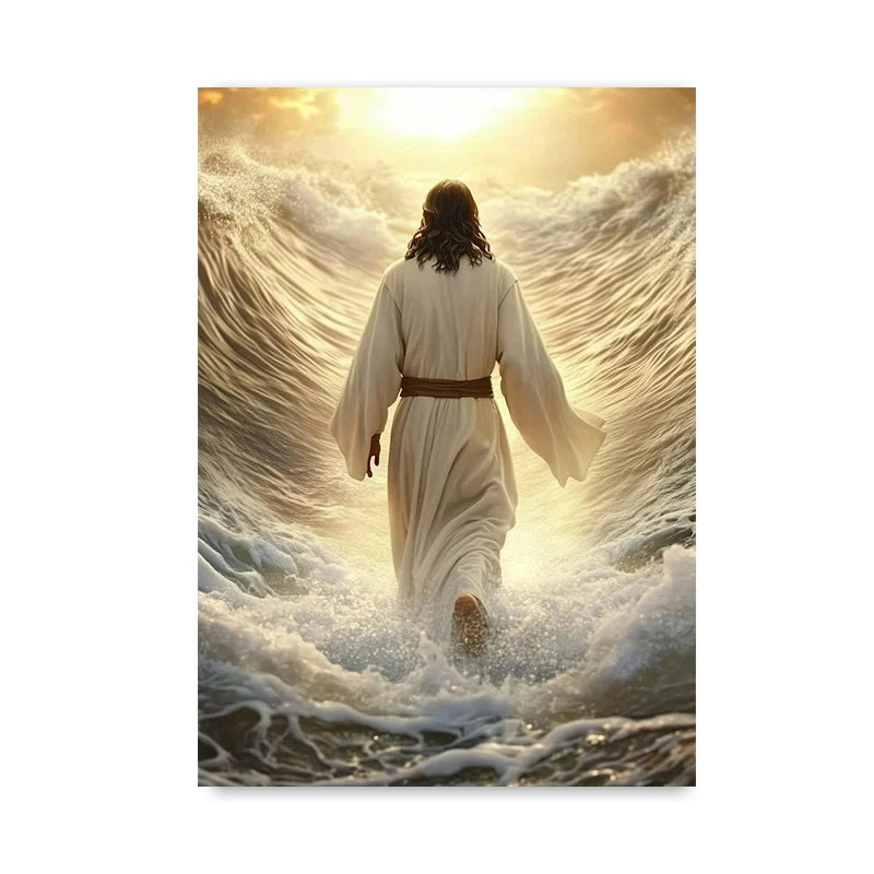 Jesus walking on water canvas wall art featuring a modern religious print, with vibrant colors and detailed imagery.