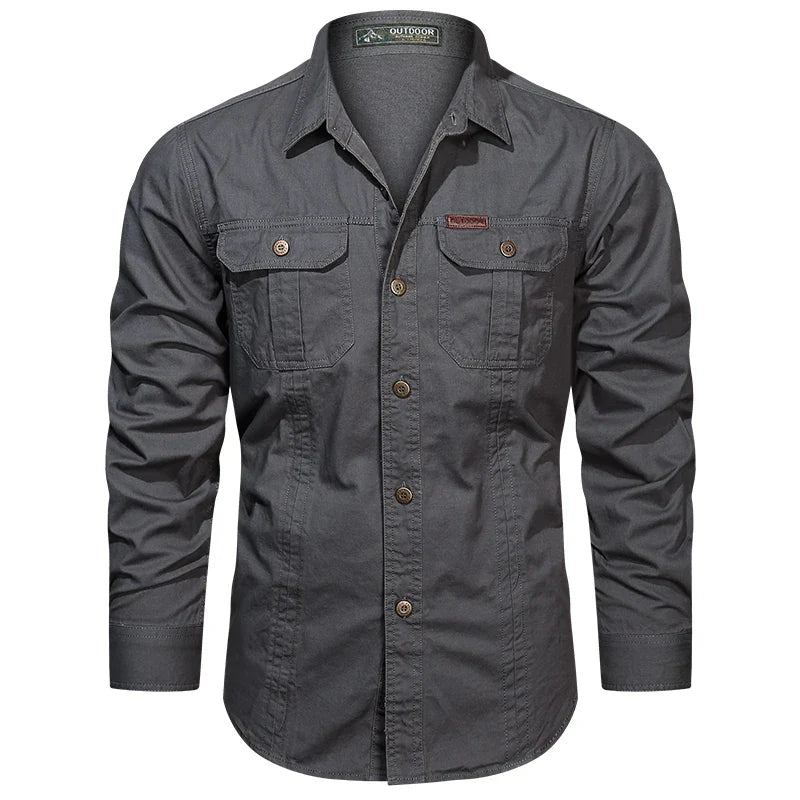 Men's SHOWLU cotton cargo shirt with long sleeves and multiple pockets, military-style overshirt for casual wear