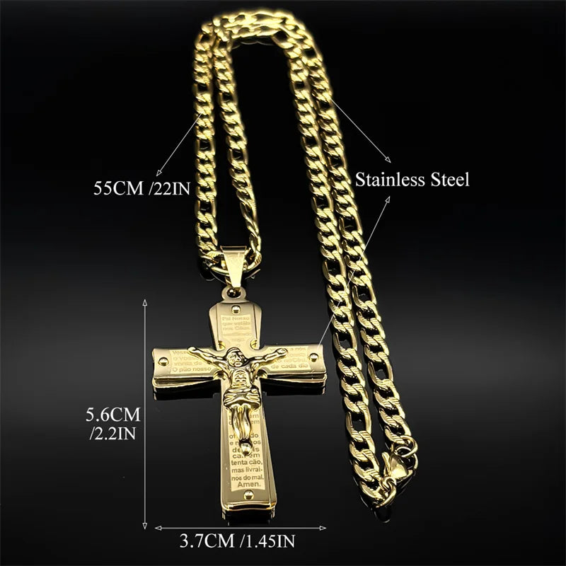 Gold stainless steel Christian Jesus cross crucifix necklace with chain, detailed religious pendant for men and women.