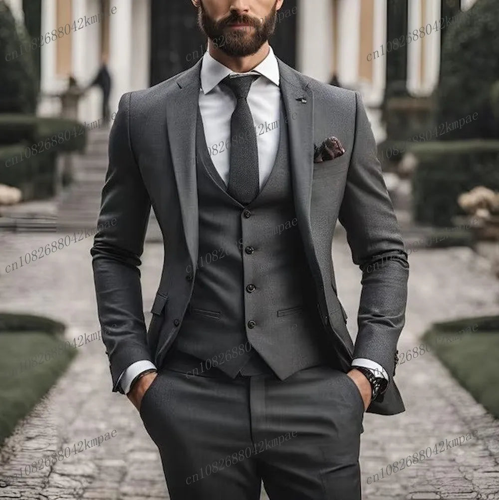 Orange men's formal suit set featuring blazer, vest, and pants, ideal for weddings, proms, and business occasions.
