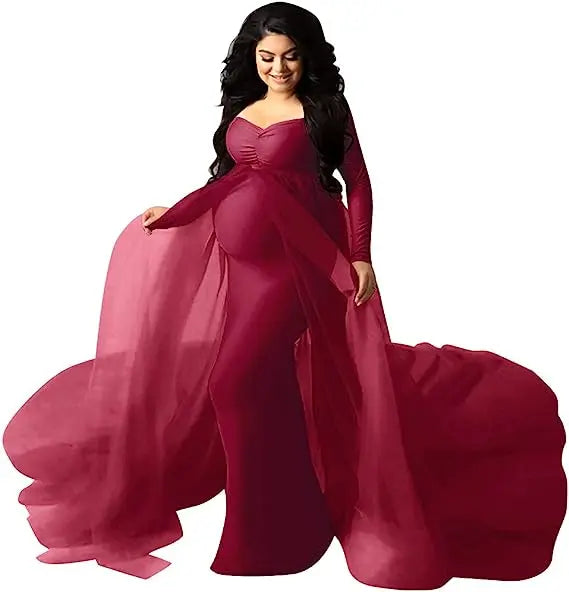 Deep V-neck lace maternity dress with tulle, long sleeves, feather accents, perfect for photoshoots and special occasions.
