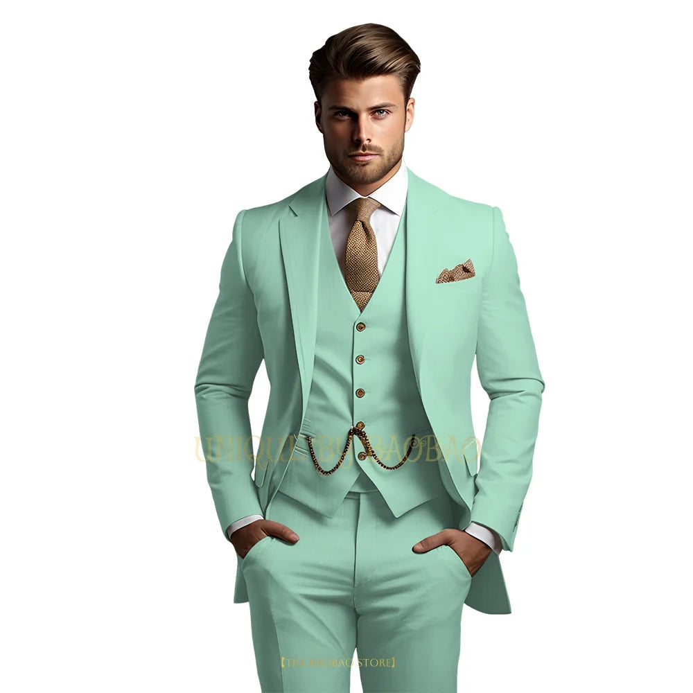 Men's grey 3-piece suit with jacket, vest, and trousers by Showlu Fashion, perfect for weddings, parties, and formal events.