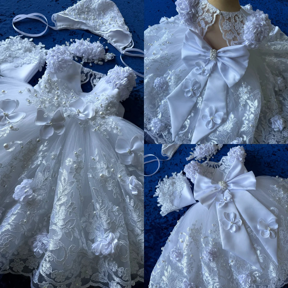 Baby girl lace baptism gown with white 3D flower design, christening dress by Showlu Fashion Store, featuring delicate lace details.