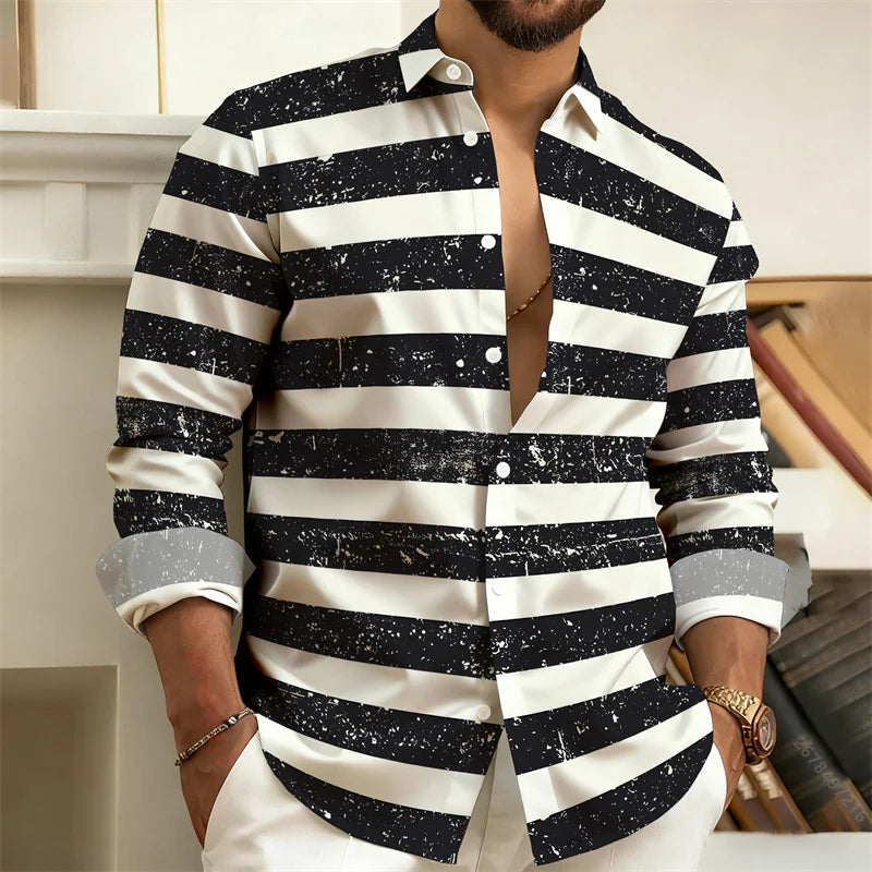 Men's striped long-sleeved casual shirt with lapel collar, outdoor street style, comfortable fabric, from Showlu Fashion Store.