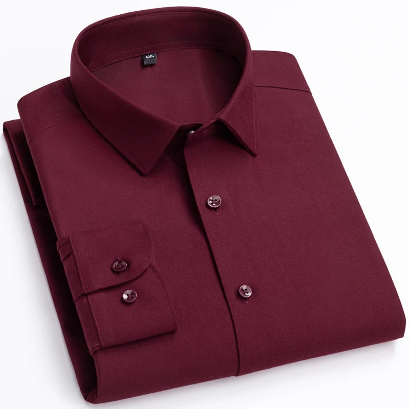 Men's wool blend long sleeve dress shirt from Showlu Fashion, solid color, soft, comfortable, regular fit, ideal for office or smart casual.