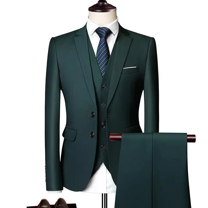 Men's casual 3-piece suit set including blazer, trousers, and vest in solid colors, featuring a two-button blazer from Showlu Fashion.