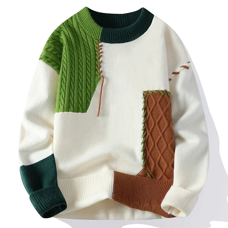 Male patchwork sweater by Showlu Fashion, stylish high street pullover with warm, trendy design for autumn and winter street fashion.