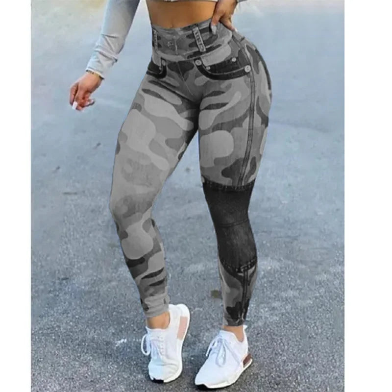 Denim look print high waist tummy control leggings for women with butt lift design, slim fit spring summer fashion pants