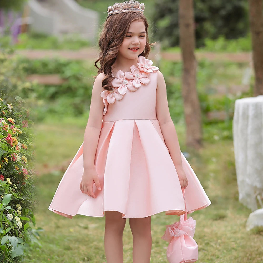 Elegant girls' summer flower party dress with bow, suitable for birthdays, Christmas, weddings, and special occasions.