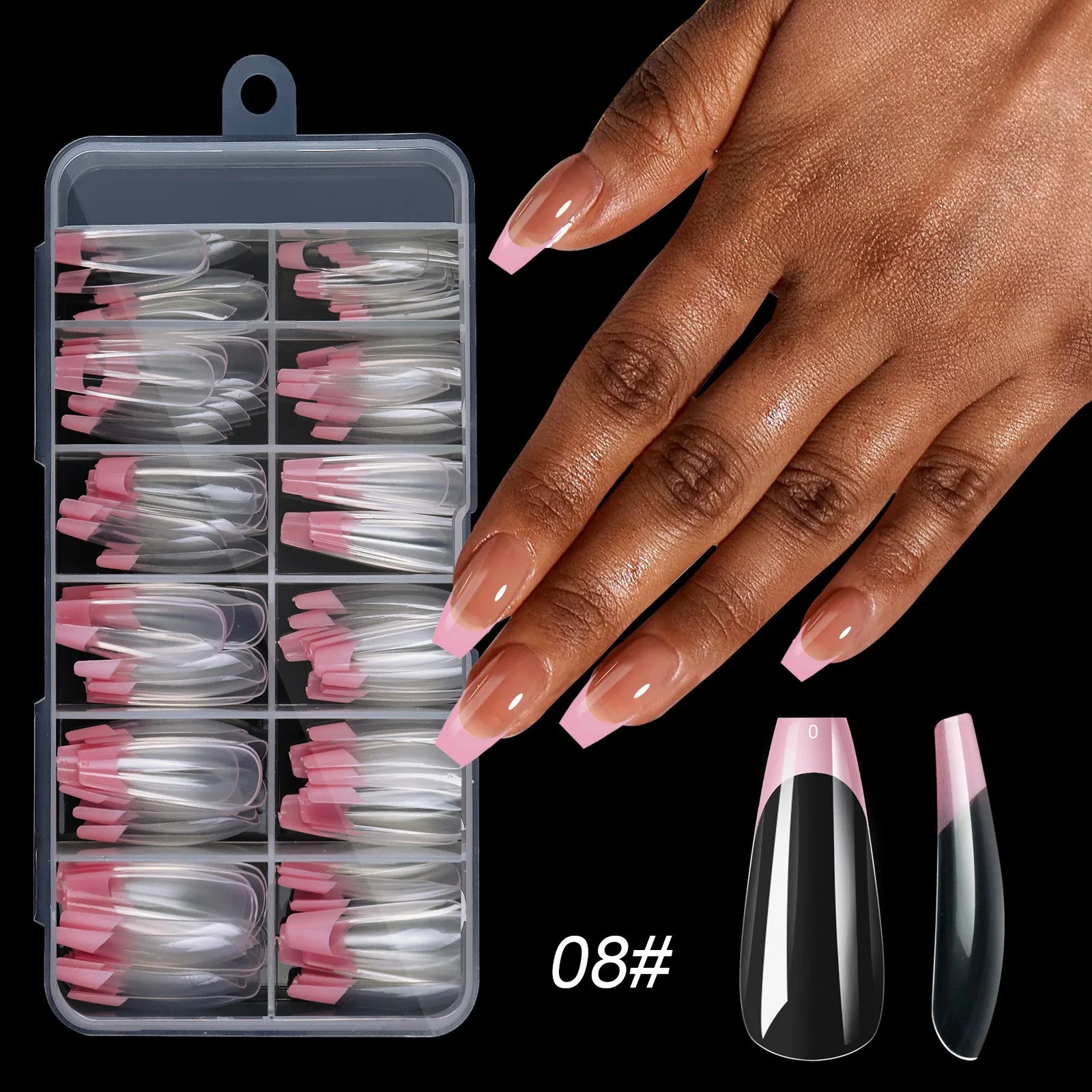 Set of 120 acrylic French false nails by Showlu Fashion Store, medium length square full cover nail tips with mixed sizes.