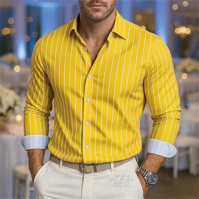 Men's striped casual shirt by Showlu Fashion Store, long sleeve button-down with breathable fabric and stylish lapel details.