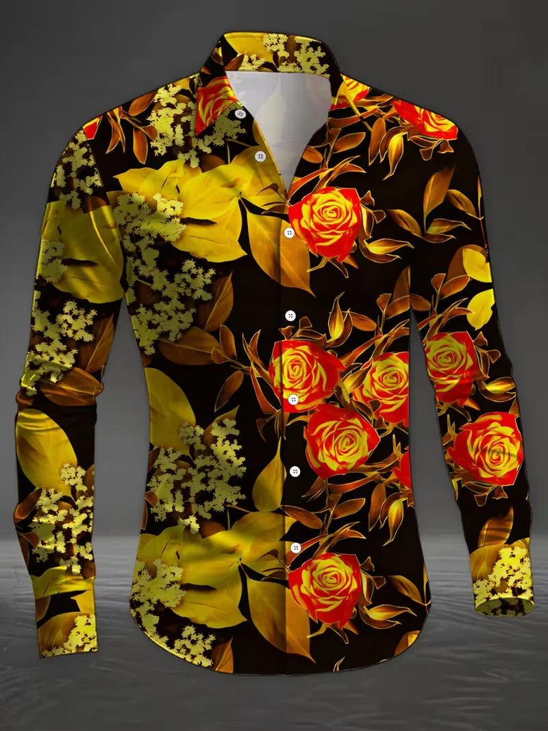 Showlu men's long sleeve casual shirt with 3D striped flower print silk fabric, stylish and comfortable for everyday wear.