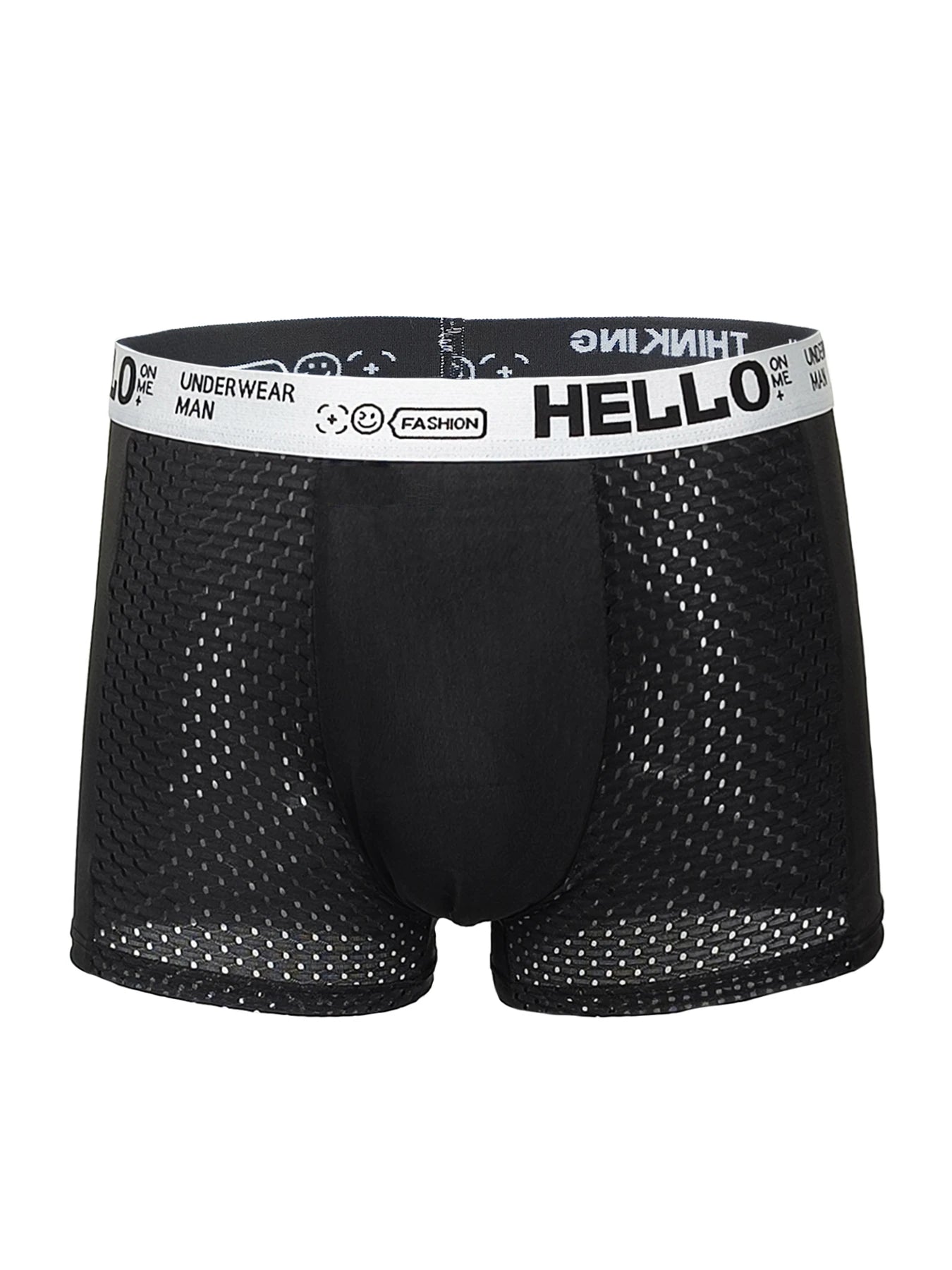 Men's Ice Silk Mesh Boxer Brief by Showlu Fashion in black, teal, yellow, or gray with "HELLO" logo waistband and breathable fabric.