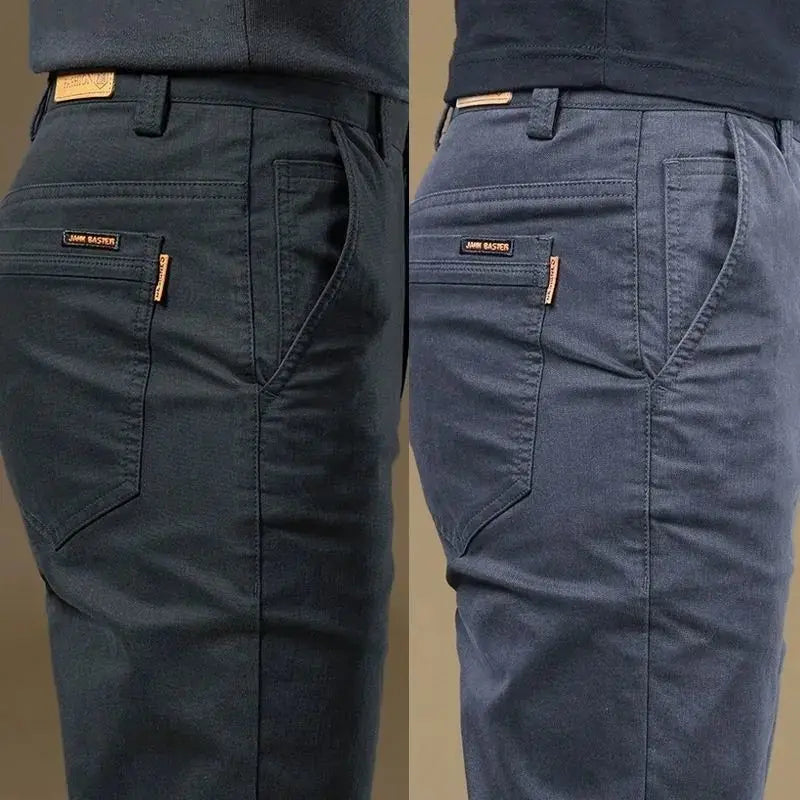 Showlu Men's slim straight cotton casual pants in lightweight fabric, suitable for business or casual wear.