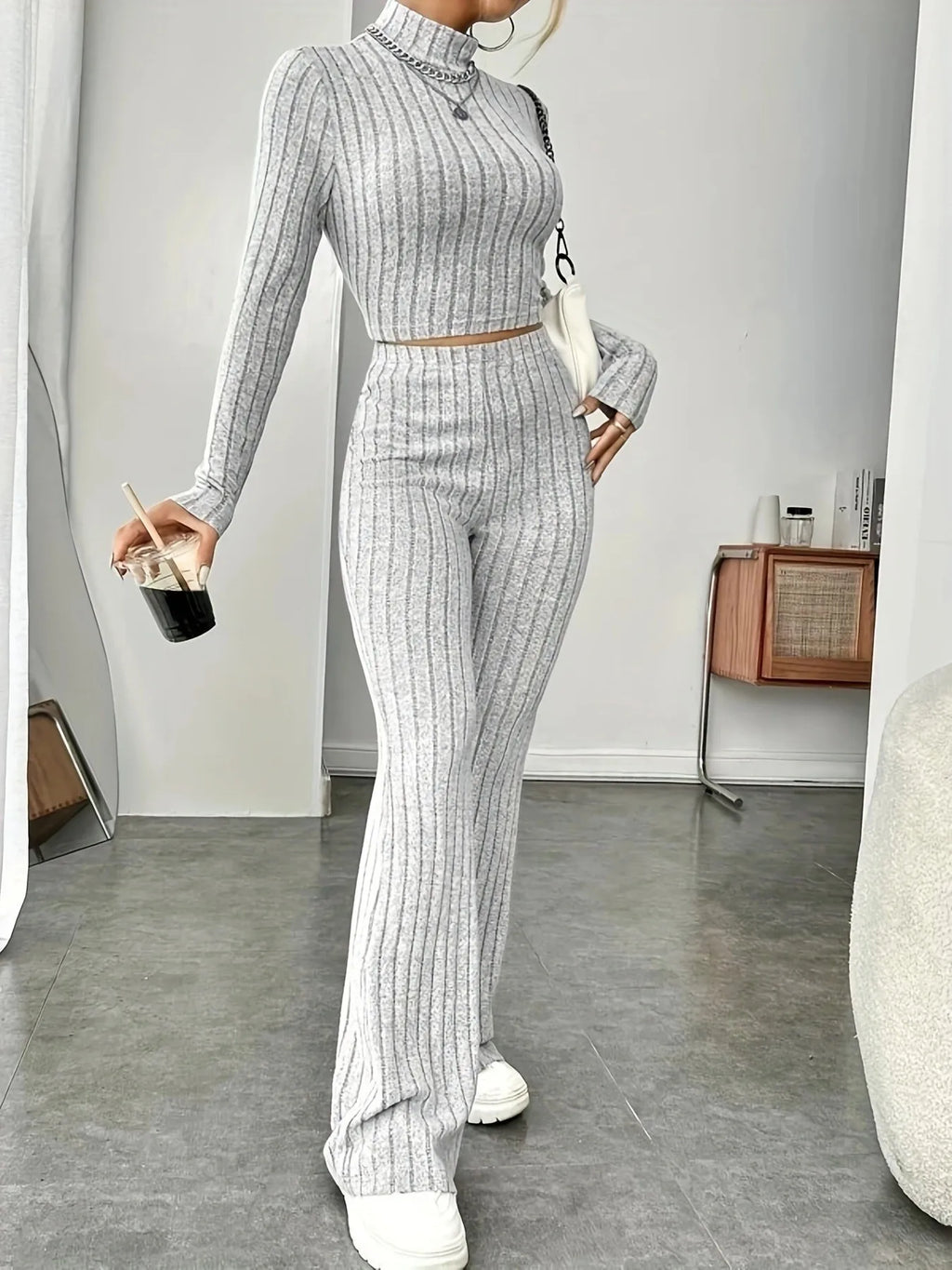 Autumn knitted two-piece women's bodycon tracksuit with long sleeves, crop top, and flare pants, stylish vintage Y2K stretch outfit