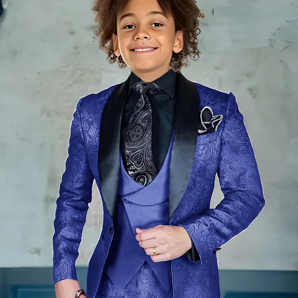 Burgundy jacquard boys' 3-piece suit with jacket, pants, and vest, formal style, slim fit, perfect for weddings and special occasions