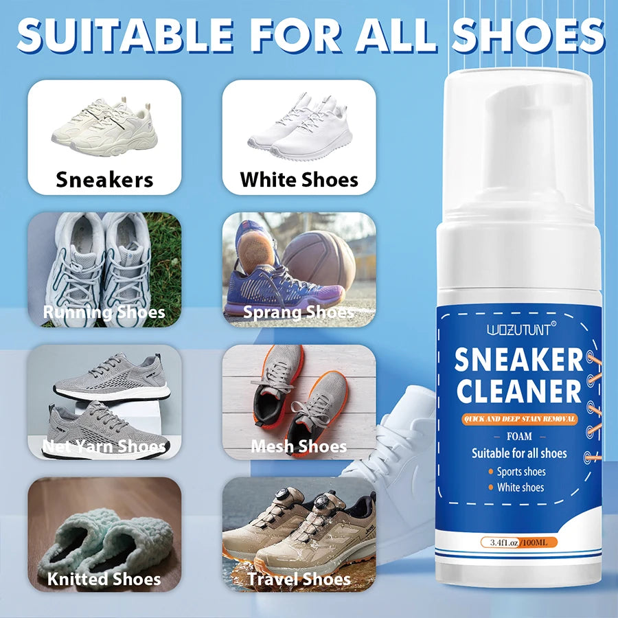 Showlu Smart General shoe cleaning foam bottle with applicator brush for easy cleaning of sneakers and leather shoes.
