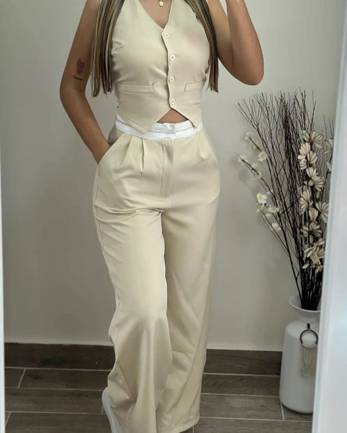 New Fashion 2024 Summer Casual Sexy Elegant V-Neck Buttoned Vest Top & Pocket Design Pants Set Womens Two Piece Sets Outfit SHOWLU FASHION STORE