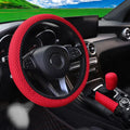 Breathable 3-piece massage mesh cloth car steering wheel cover and handle covers for 14.5-15 inch vehicles, shown on a car wheel.