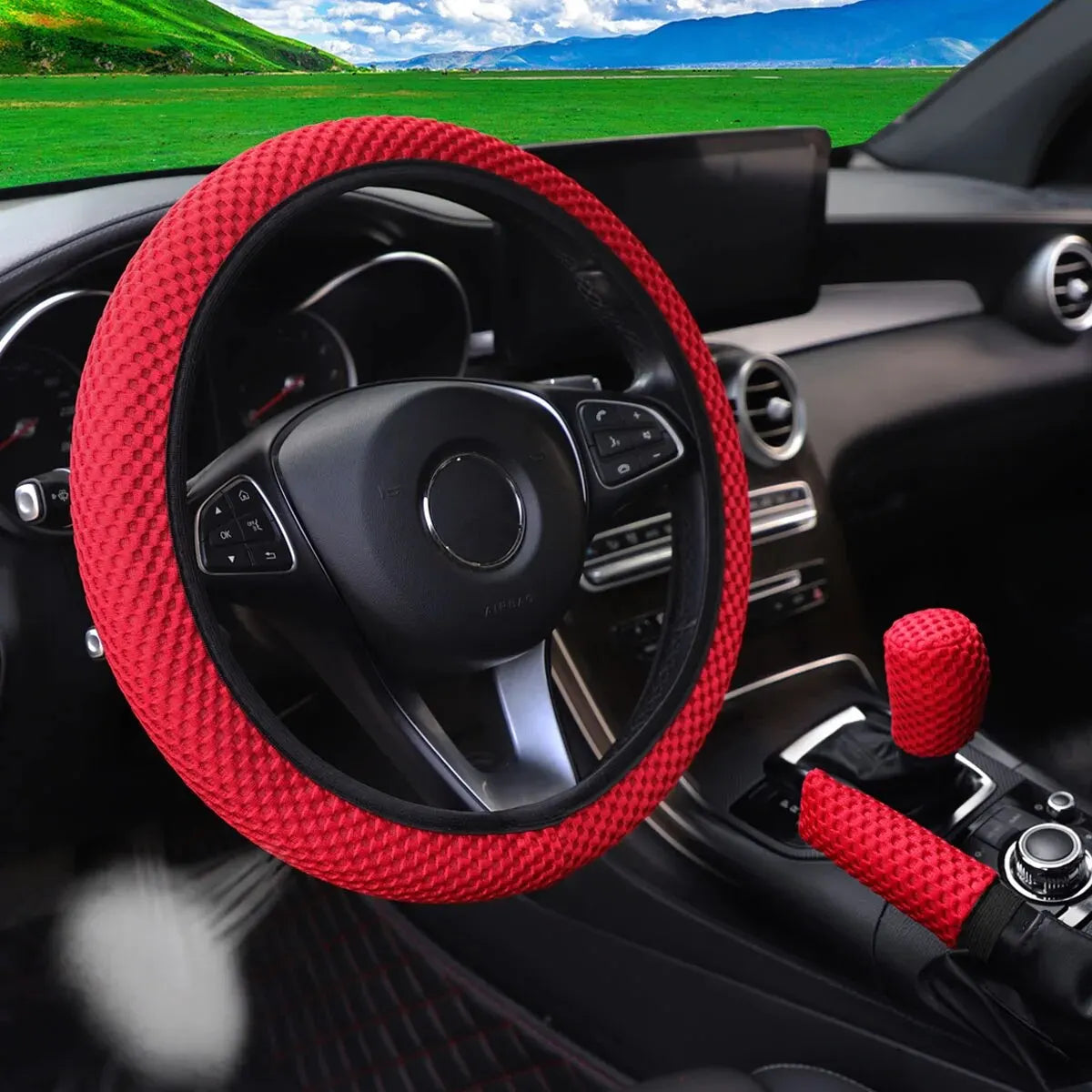 Breathable 3-piece massage mesh cloth car steering wheel cover and handle covers for 14.5-15 inch vehicles, shown on a car wheel.