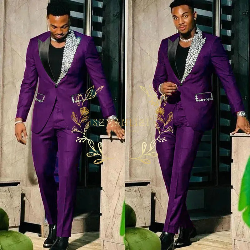 Black men's slim fit blazer and pants set with single breasted peak lapel, high-quality crystal details, perfect for prom or parties