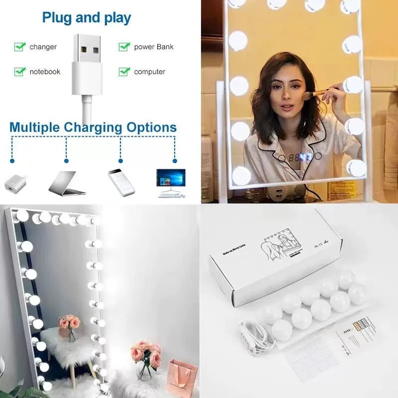 Dimmable USB makeup mirror lights by Pampsee, mounted around a vanity mirror, with bright LED bulbs for perfect lighting.