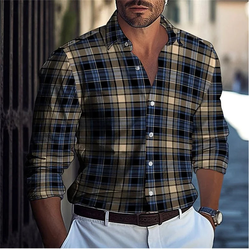 Blue plaid Hawaiian men's button-up shirt with long sleeves, casual summer beach style, featuring color block design and lapel collar