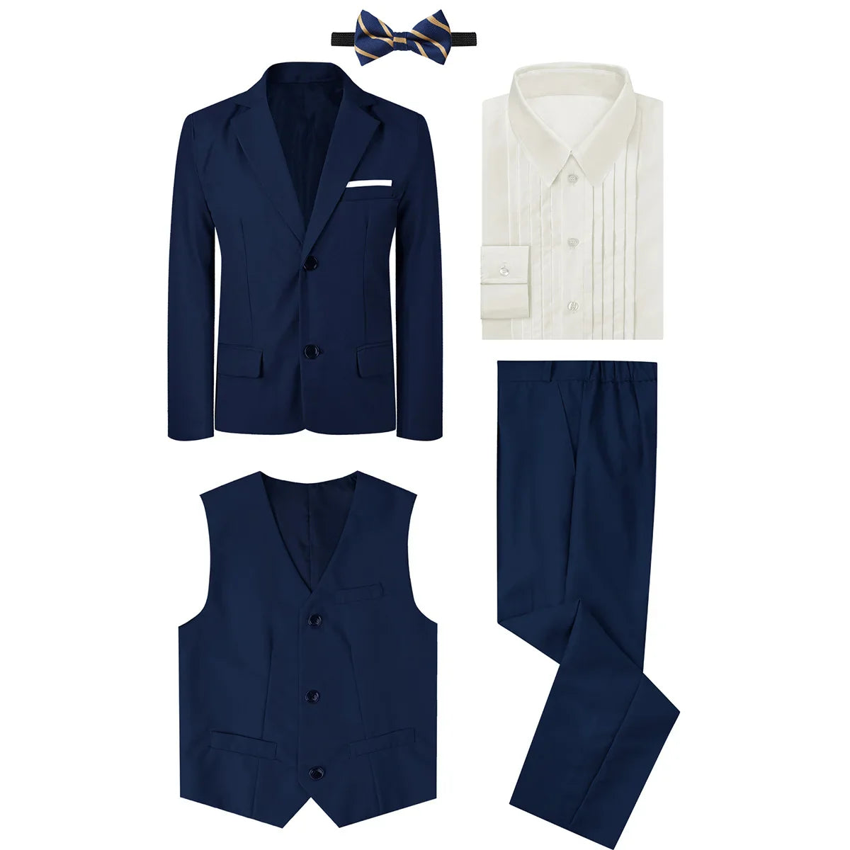 A&J DESIGN boys formal suit set featuring a tuxedo blazer, dress shirt, and matching trousers for kids' wedding or special occasions.