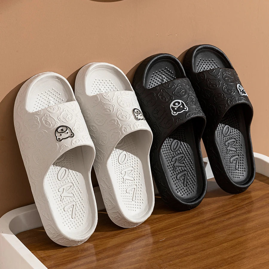 Showlu Fashion men's summer slippers with little bear print, soft non-slip sole, indoor bathroom sandals, casual couple shoes