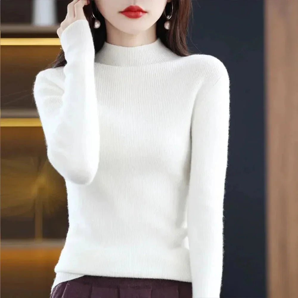 SHOWLU FASHION STORE women's pleated pullover sweater with half high collar, slim fit, and high waist design.
