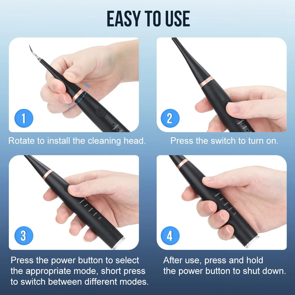Showlu Smart Electric Dental Scaler and Oral Irrigator, USB rechargeable teeth cleaning device with sleek design and water jet tip.