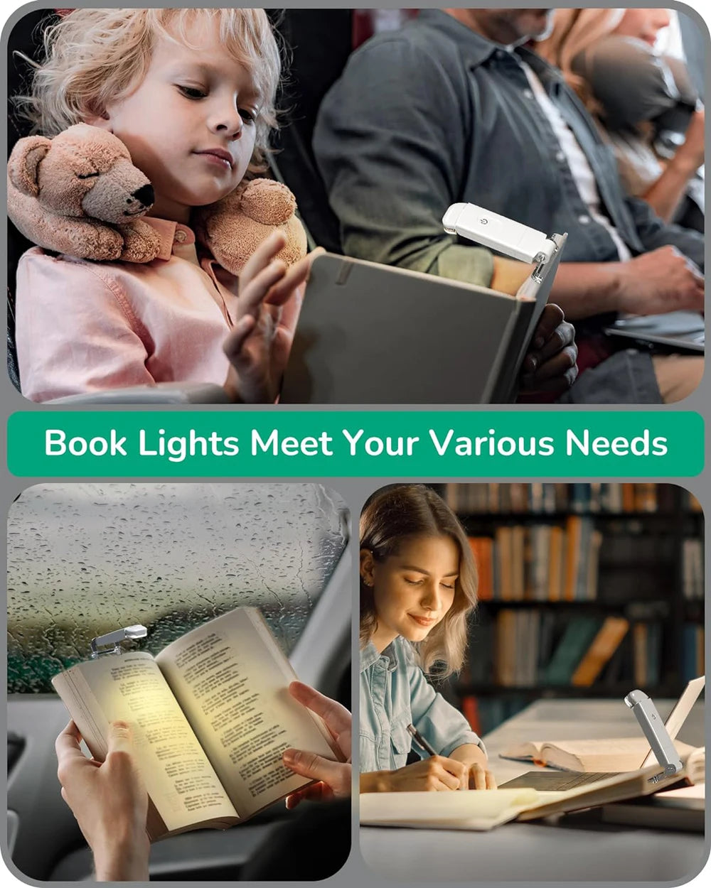 USB rechargeable amber book light by Showlu Smart General with warm glow, compact design, and adjustable arm for reading comfort.