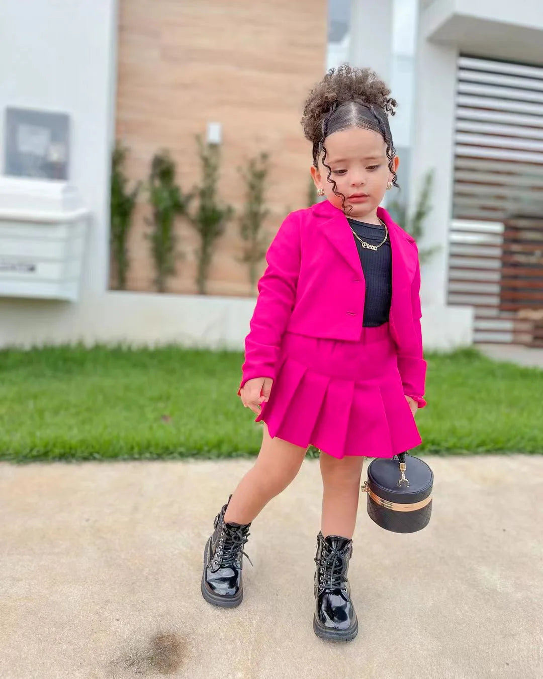 Toddler girl cotton jacket and skirt set by Showlu Fashion, size 2-8 years, featuring a cute, colorful design for young children.