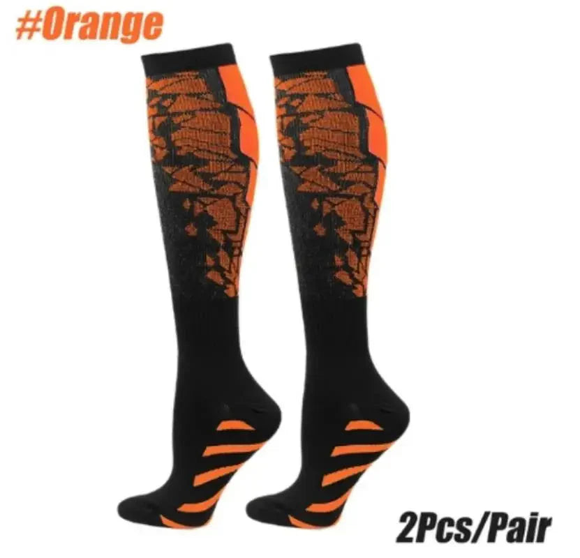 Showlu knee-high compression sports socks in nylon, designed for calf support during running and athletic activities.
