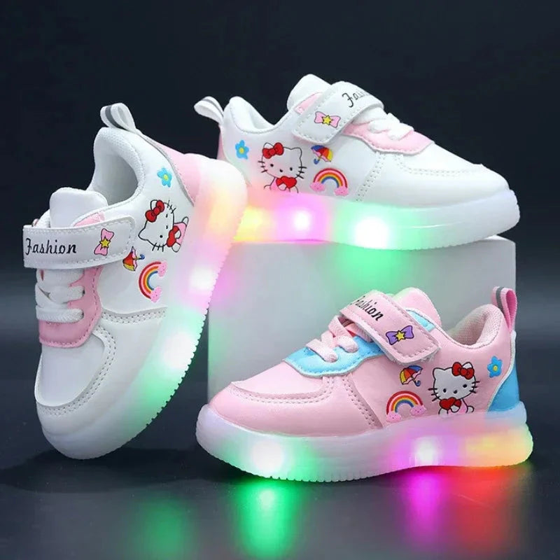 Lighted Miniso Hello Kitty canvas sneakers for kids with soft soles and LED lights, featuring a cute Hello Kitty design.