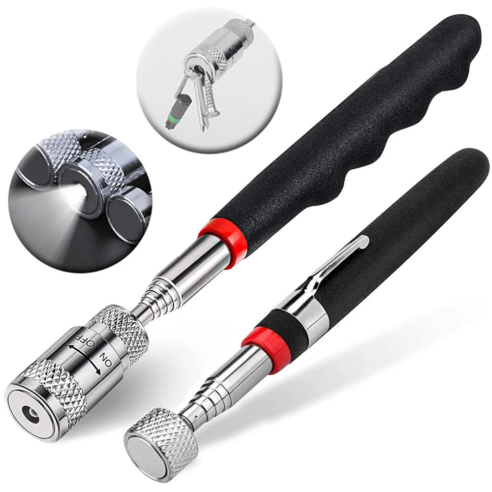 Showlu Smart General telescopic magnetic pickup tool with LED light, extended and retracted, showing its compact design and magnetic tip.