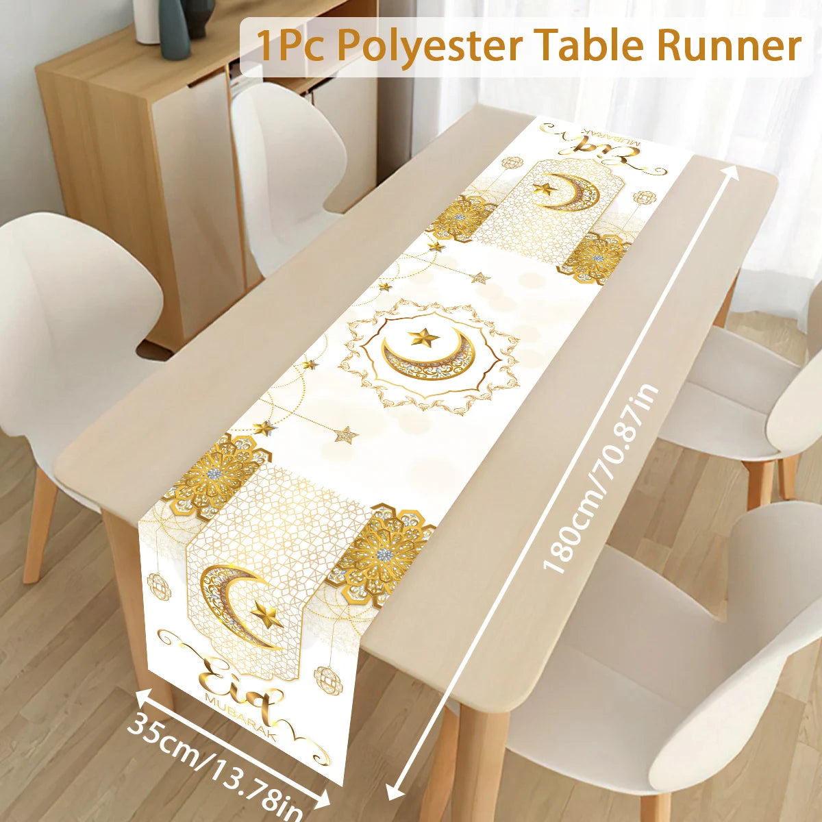 Ramadan decoration table runner with Eid Mubarak design by Showlu Fashion Store, suitable for Islamic home Eid al-Fitr celebrations.