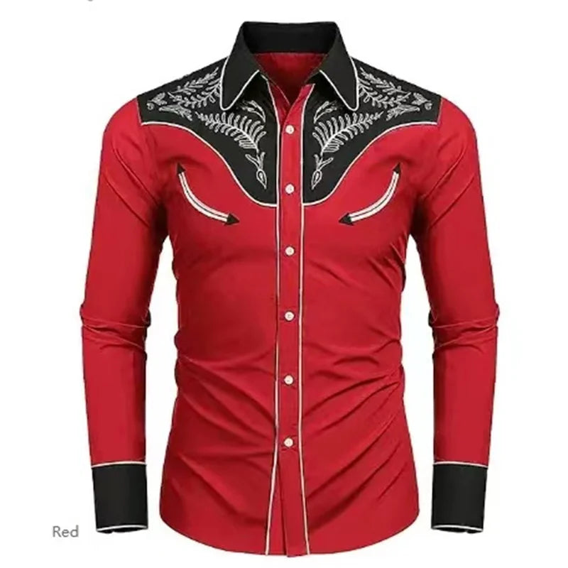 Men's tribal ethnic casual shirt with long sleeves, button lapel, soft fabric, featuring a simple outdoor fashion design.