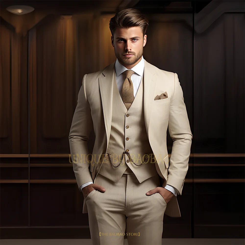 Men's grey 3-piece suit with jacket, vest, and trousers by Showlu Fashion, ideal for weddings, banquets, or birthday parties.