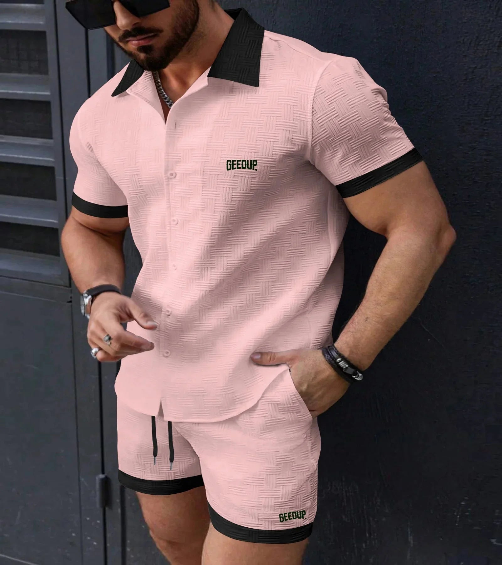 Boilen Heng Xin men's casual two-piece summer beach suit made of polyester, featuring a stylish, lightweight design for beachwear.